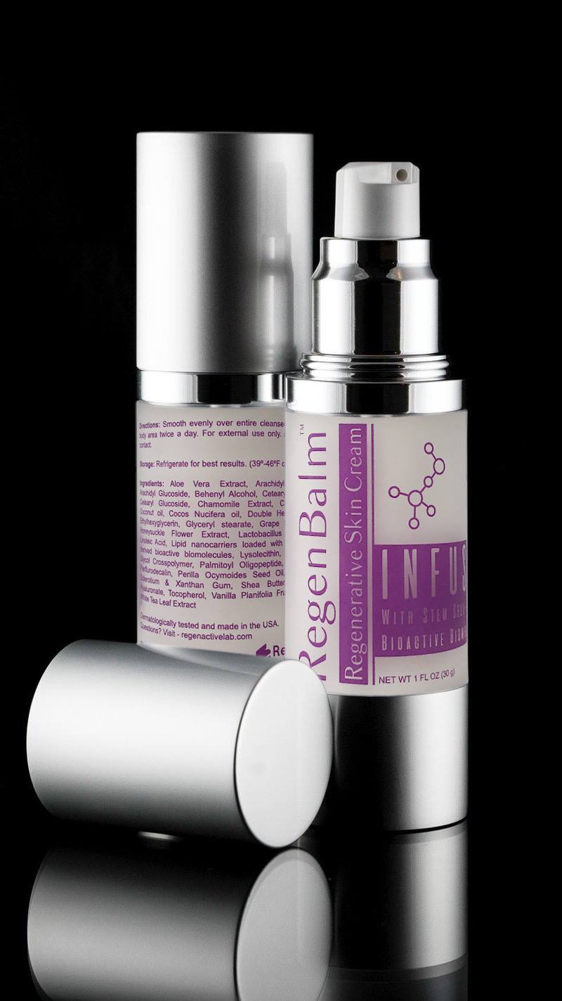Regen Balm skin cream in reflective silver packaging